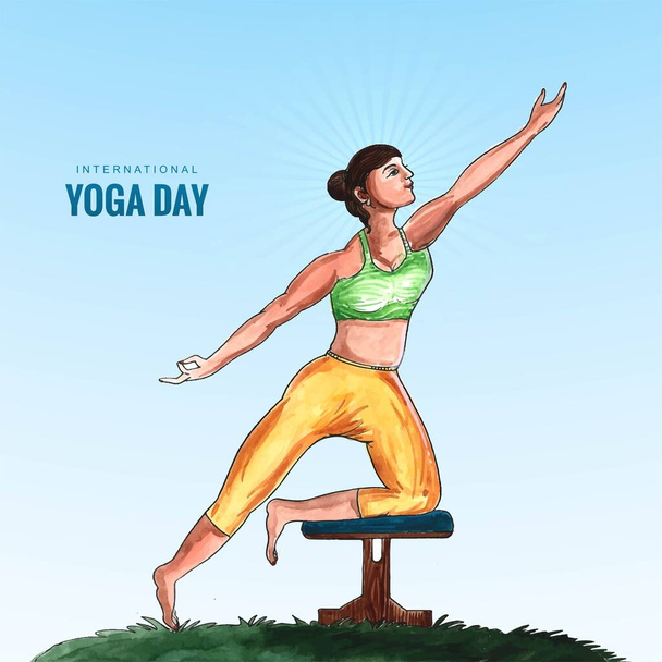 ilustración del día internacional del yoga con la mujer que hace diseño de la pose del yoga - Vector, imagen