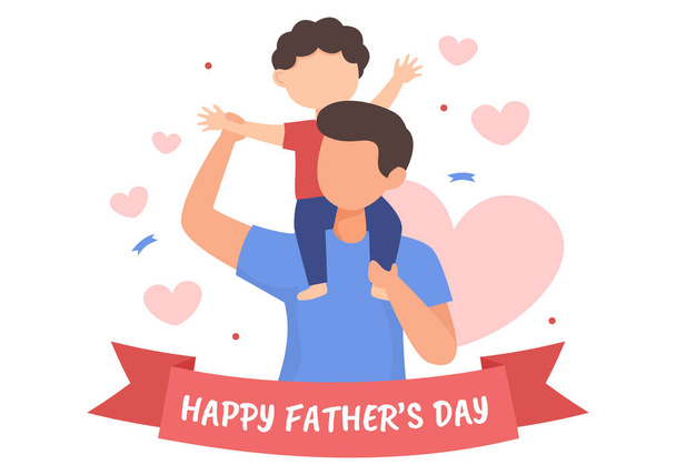 Happy Fathers Day Illustration de bande dessinée avec photo de père et fils dans un style plat Design pour affiche ou carte de vœux - Vecteur, image