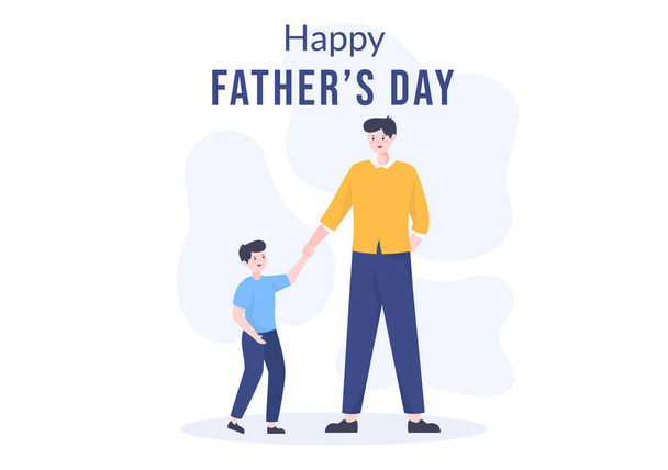 Feliz Día de los Padres Ilustración de dibujos animados con imagen de padre e hijo en diseño de estilo plano para cartel o tarjeta de felicitación - Vector, Imagen