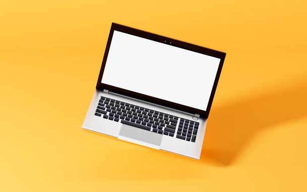 Um laptop com fundo amarelo, renderização 3d. Desenho digital de computador. - Foto, Imagem