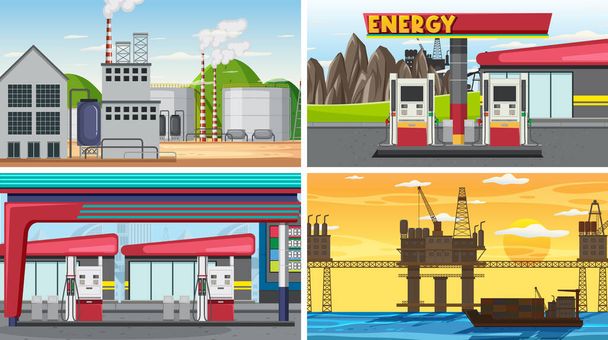 Illustration de quatre scènes différentes de l'industrie pétrolière - Vecteur, image
