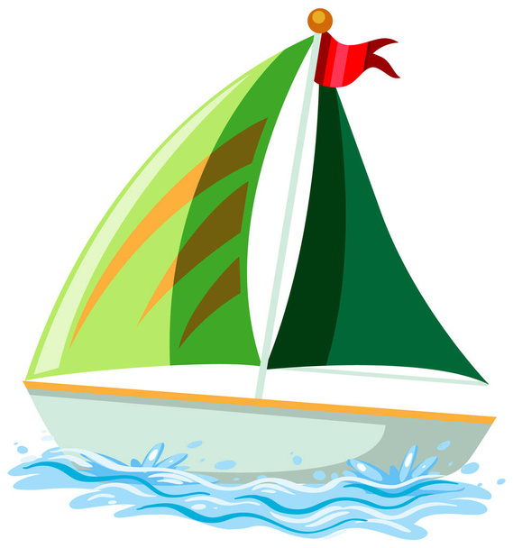 漫画風のイラストで水の上に緑の帆船 - ベクター画像