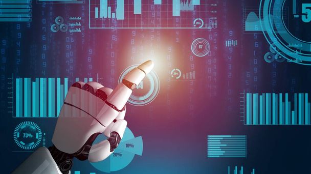 Futurystyczny robot sztuczna inteligencja rewolucyjny AI rozwoju technologii i koncepcji uczenia maszynowego. Globalne badania nad robotyką dla przyszłości ludzkiego życia. Grafika renderowania 3D. - Zdjęcie, obraz