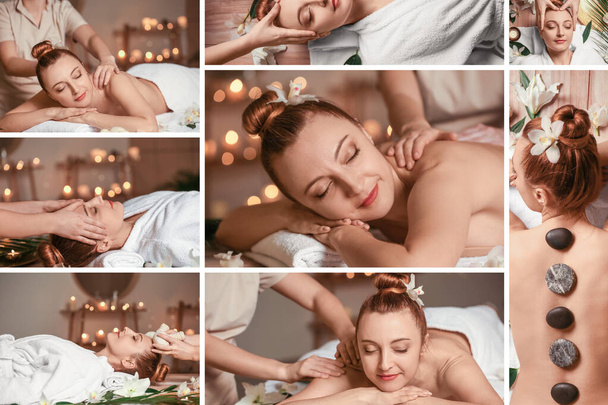 Collage con hermosa mujer madura relajándose en el salón de spa - Foto, imagen