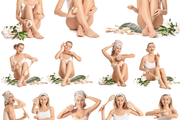 Collage mit schöner junger Frau und verschiedenen Pinseln isoliert auf Weiß - Foto, Bild