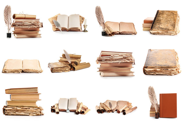 Conjunto de muitos livros antigos e pergaminhos isolados em branco - Foto, Imagem