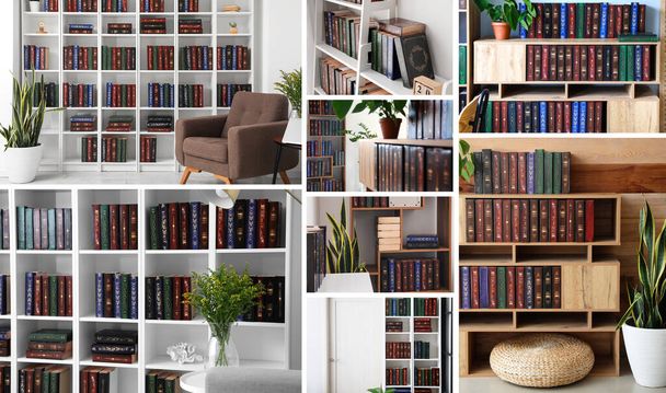 Collage avec de nombreux livres différents dans la bibliothèque de la maison - Photo, image