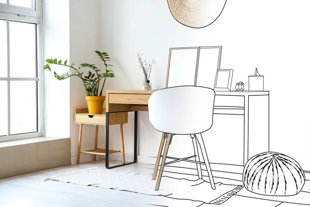 Neues Interieur eines modernen Büros mit Stuhl, Tisch und Zimmerpflanze - Foto, Bild