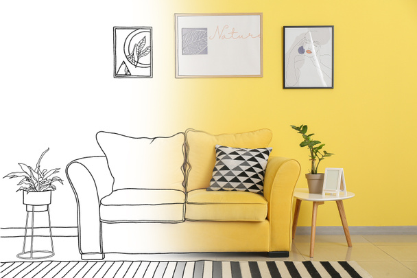 Nový interiér stylového obývacího pokoje s pohovkou a obrázky - Fotografie, Obrázek