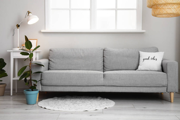 Interior da moderna sala de estar com sofá confortável, lâmpada e planta de sala - Foto, Imagem