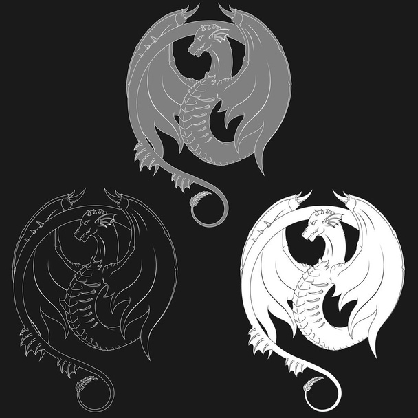 Winged western dragon silhouette vector design, on black background - Vector, afbeelding