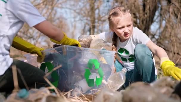 Ragazzo e ragazza che raccolgono spazzatura di plastica in un contenitore in una radura inquinata, segni di riciclaggio sulle magliette. Rallentatore - Filmati, video