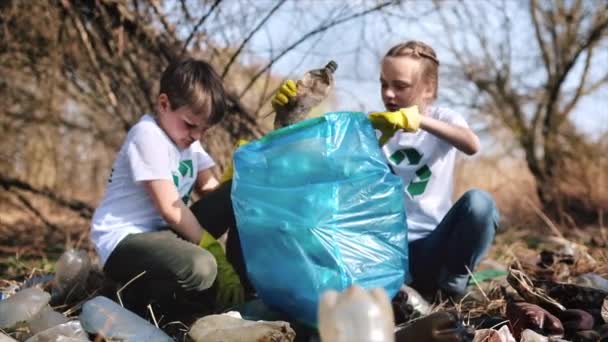 Niño y niña recogiendo basura plástica en una bolsa en un claro contaminado, reciclando letreros en las camisetas. Movimiento lento - Imágenes, Vídeo