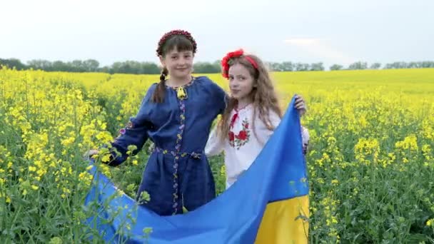 Pray for Ukraine. Two cute girls holding in hands a blue and yellow Ukrainian national flag in the middle of a rapeseed field - Πλάνα, βίντεο
