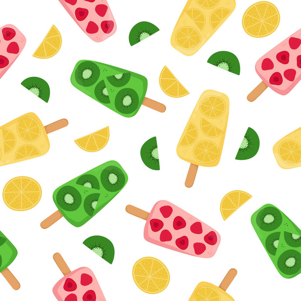 果物のポプシクル、ベリーのシームレスなパターン。白い背景にフルーツアイスとフルーツスライス - ベクター画像