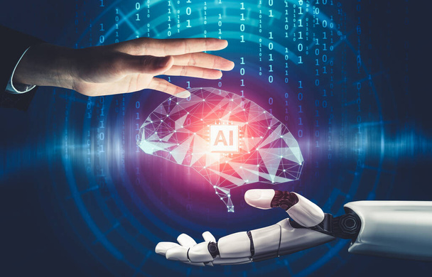 3D-s renderelés futurisztikus droid robot technológia fejlesztés, mesterséges intelligencia AI, és gépi tanulás koncepció. Globális robotikai bionikai tudományos kutatás az emberi élet jövőjéért. - Fotó, kép