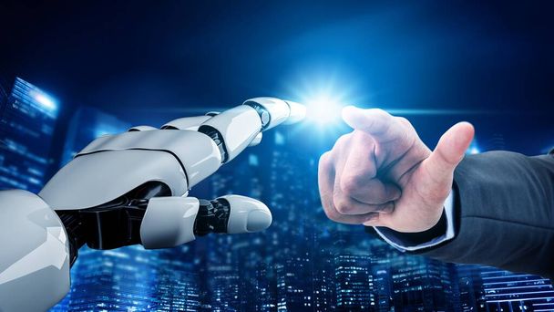Futurystyczny robot sztuczna inteligencja rewolucyjny AI rozwoju technologii i koncepcji uczenia maszynowego. Globalne badania nad robotyką dla przyszłości ludzkiego życia. Grafika renderowania 3D. - Zdjęcie, obraz