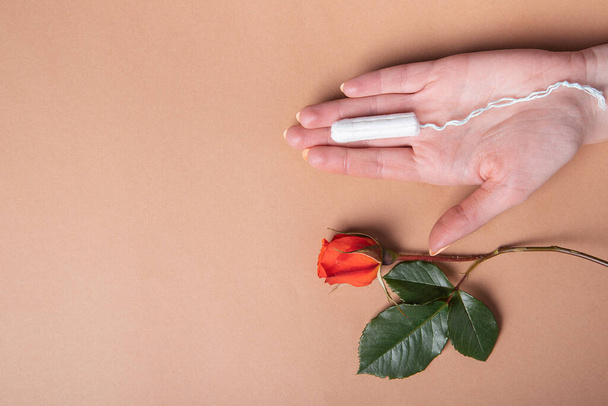 female tampon in hand and bloom rose flower lie flat lay on brown pastel background. copyspace. design creative women's health tenderness comfor - 写真・画像