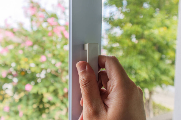 Mango de pantalla de alambre de mosquitero de mano en la ventana de la casa - Foto, Imagen