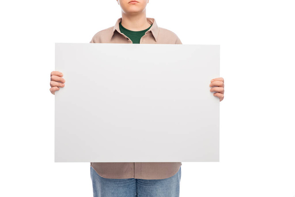 feminism and human rights concept - woman with poster protesting on demonstration over white background - Fotoğraf, Görsel