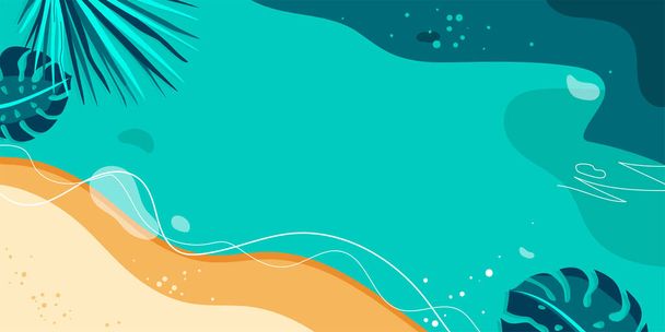 Summer vector background. Wave water, sea, beach, sand with palm and monstera leaves in modern simple flat style. Top view. Summer seascape from air. Copy space at the centre. - Vektör, Görsel