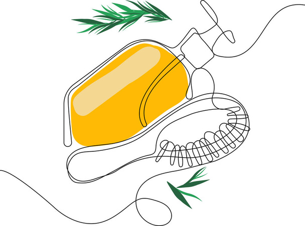 Nepřetržité kreslení jedné řady lahví s olejem nebo medem nebo citrónovou nebo citrónovou šťávou pro drhnutí a péči o pleť s přírodními bylinnými přípravky pro péči o pleť, shora pohled na ingredience. Vektorová ilustrace - Vektor, obrázek