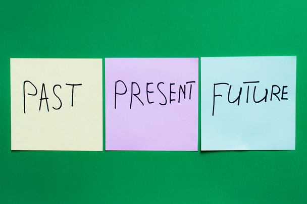 top view of sticky notes with present near past and future words on green background - Photo, Image