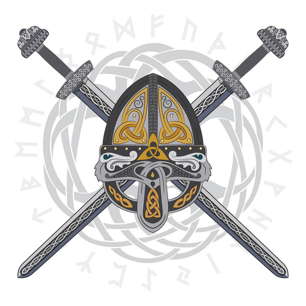 Casco vikingo con dos espadas cruzadas y patrón escandinavo, ilustración vectorial
 - Vector, imagen