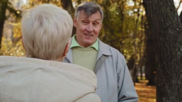 biały osoby w średnim wieku kobieta babcia spotkać obejmując starszy mąż emeryt dziadek w jesienny park piękny stary żonaty para rodzina uczucie sympatii przytulanie odkryty romantyczny harmonii relacje - Materiał filmowy, wideo