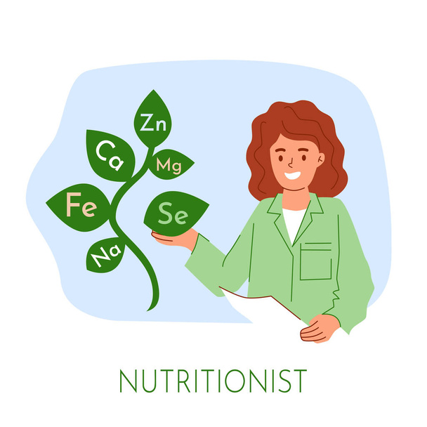 Woman nutritionist choose individual supplement diet from microelements tree, zinc calcium magnesium selenium sodium iron leaves. Health improvement with nutritions concept vector illustration - Vector, Image