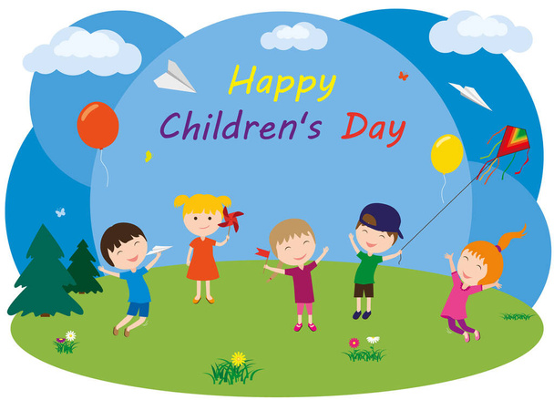 Happy Children's Day. Fun children play and jump in the park. Children fly a kite and paper airplanes. - Vettoriali, immagini