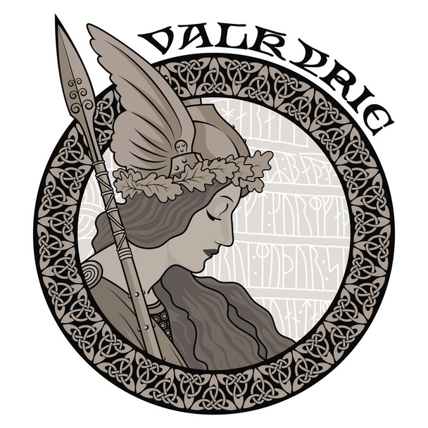 Valkiria, ilustración de la mitología escandinava, dibujada en estilo Art Nouveau, aislada en blanco, ilustración vectorial - Vector, imagen