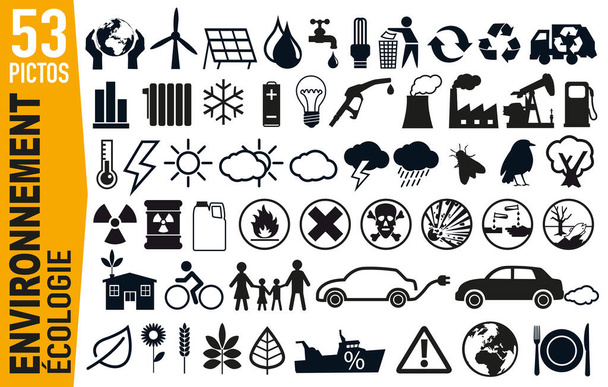 Conjunto de pictogramas para ilustrar el tema de la ecología y el medio ambiente, agrupación en un tablero, señalización para publicidad y marketing. - Vector, Imagen
