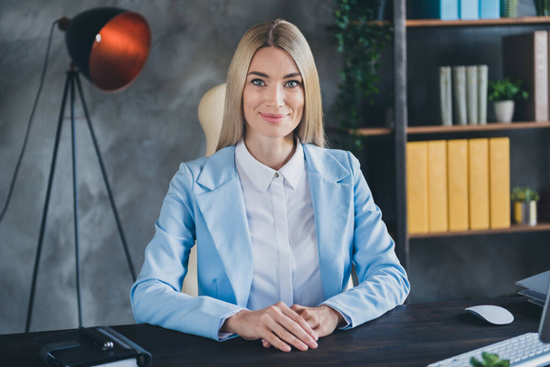Portrait of positive lady company owner chief sit table listen applicant working background in loft workstation. - Valokuva, kuva