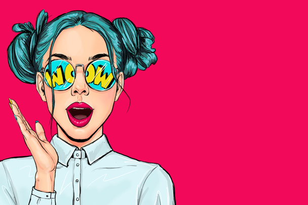Surprised amased young attractive happy Pop Art woman in glasses . Advertising poster or party invitation with sexy  girl  in comic style. - 写真・画像