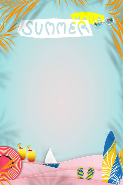 Summer background beach vacation holiday theme in pink wave layer on sea blue, Vector illustration vertical banner paper cut tropical summer design elements, palm leaf, sandal,Footprint on sand beach  - Vettoriali, immagini