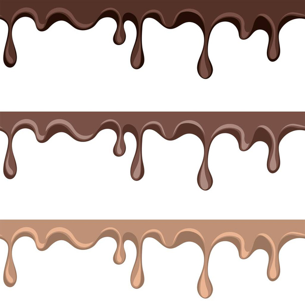 Set of melted dark, white and milk sweet chocolate dripping seamless - Vector, Image