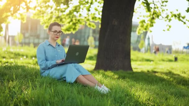 Bezig aantrekkelijke vrouw die werkt op de laptop als zittend op gras in het stadspark bij zonsondergang. Freelancer die buiten werkt - Video