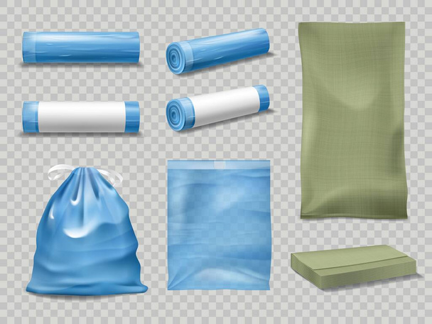 Realistic garbage and debris bags 3d vector mockup. Plastic packages with string, blue and green rolled or full sacks. Isolated realistic empty trashbag packaging, household disposable packs mockup - Vector, Image