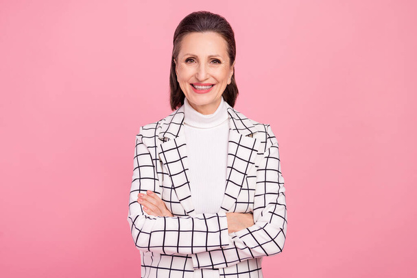 Photo of positive good mood lady businesswoman crossed hands smart manager isolated on pink color background. - Fotografie, Obrázek