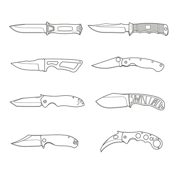 Facas táticas - grupo de facas diferentes, lâminas. Arma de combate tático, caça. - Vetor, Imagem