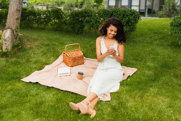 mujer afroamericana feliz usando teléfono inteligente durante el picnic en el parque verde  - Foto, imagen
