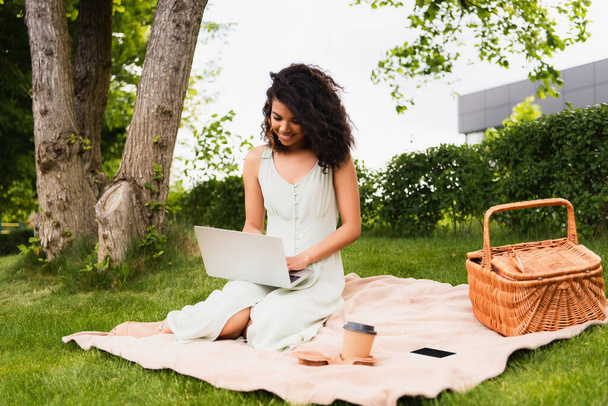 pleased african american woman using laptop near wicker basket and paper cup on blanket in green park  - Photo, Image