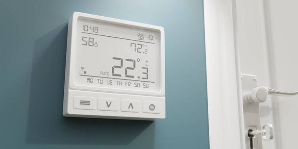 Цифровой термостат на фоне синей стены. Устройство контроля температуры домашнего отопления закрыть вид спереди, скопировать пространство. 3D рендеринг - Фото, изображение