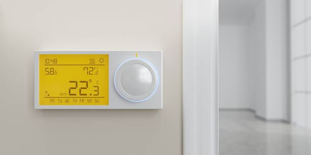 Sterowanie temperaturą domu Termostat cyfrowy na białym tle ścianki, widok z przodu, renderowanie 3d - Zdjęcie, obraz