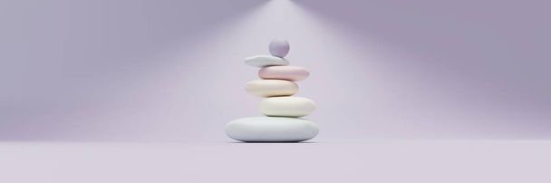 Zen Balance Stein, Kieselsteine stapeln Pastellfarbe. Wellness- und Yoga-Meditationskonzept, Ganzheitliche Therapie. Glatte Felspyramide, Kopierraum. 3d rende - Foto, Bild