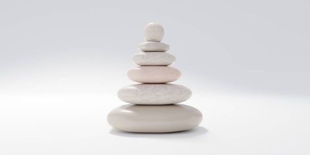 Kamienie zen stos, morze kamyki piramidy pastelowy kolor. białe tło. Równowaga i spa koncepcji wellness, holistyczna naturalna terapia. 3d rozerwanie - Zdjęcie, obraz