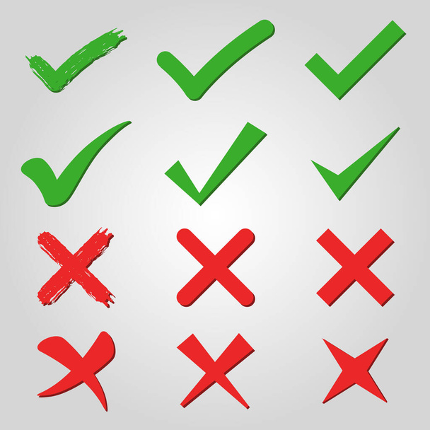 Vektorové ikony barevné zelené a červené klíště a kříže v různých stylech pro web design a internet - Vektor, obrázek
