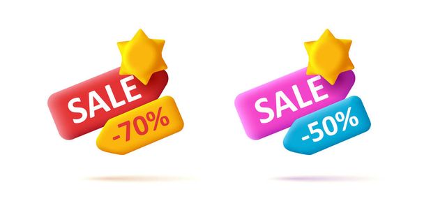 Sale label tag 3d with discount percent and sun summer icon - Vector, Image