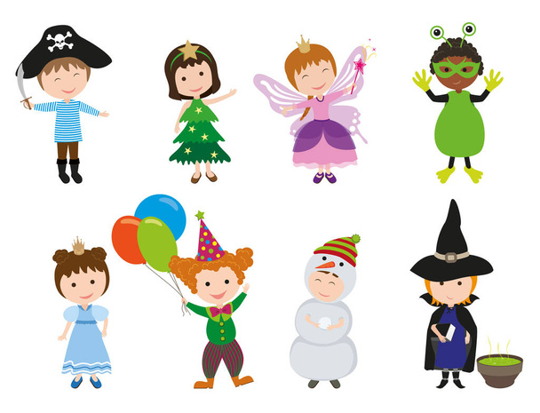 Kerstfeest. Leuke kinderen in vakantie kostuums: piraat, kerstboom, fee, monster, prinses, clown, sneeuwpop, heks. Vectorillustratie. - Vector, afbeelding